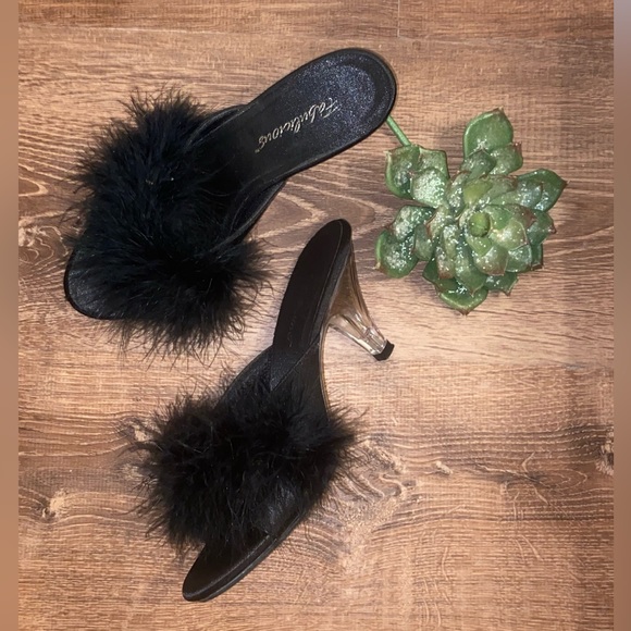 Fabulous Black Marabou Heels Slides Clear Heels Slippers 6 - Picture 2 of 9